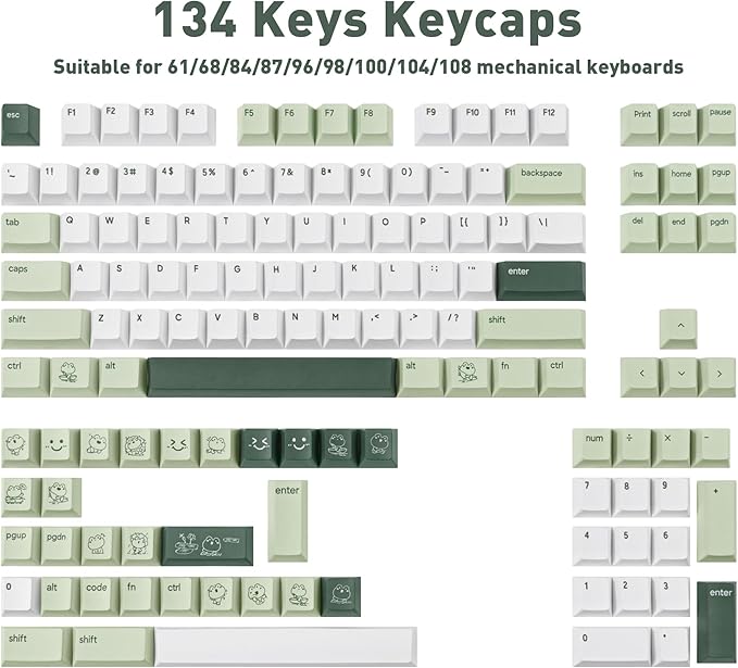 Cute Matcha Green Frog Keycaps 134 Keys-Cherry Profile Dye-Sublimation Custom Keycap-Minimalist Style PBT Key Caps for Cherry MX Switches Mechanical Gaming Keyboard 60% 75% 100%