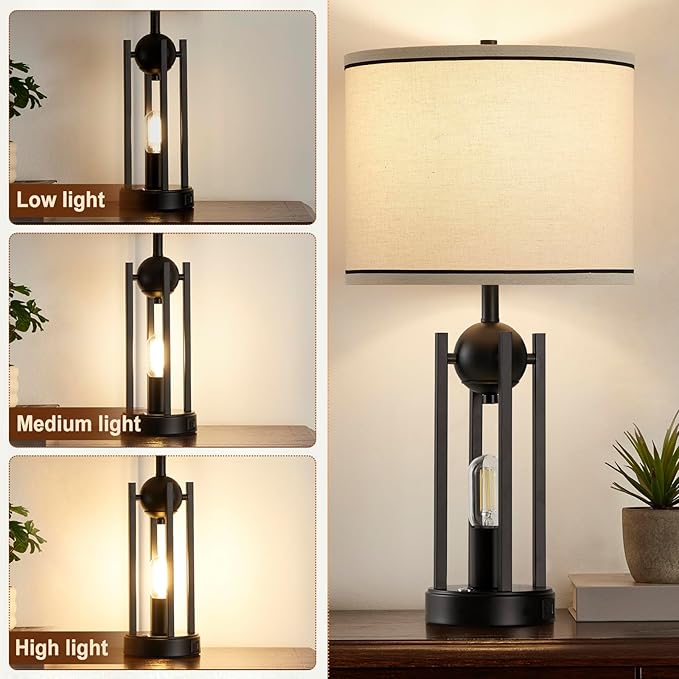 25'' Industrial Table Lamps for Living Room 1pcs with USB C+A Ports, Farmhouse Rustic Bedside Lamp for Bedroom, Touch Lamps for Nightstand, Dual Lights Independent Switch, Bulb Included, Black
