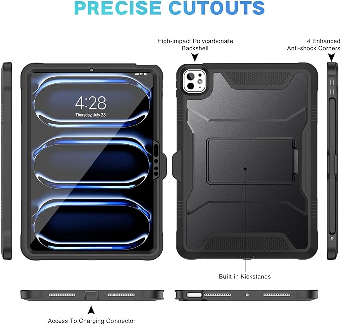 Soke Case for iPad Pro 11 Inch (M5) 2025/ (M4) 2024, with Built-in Screen Protector & Kickstand, Rugged Full Body Heavy Duty Protective Cover with Pencil Holder - Black