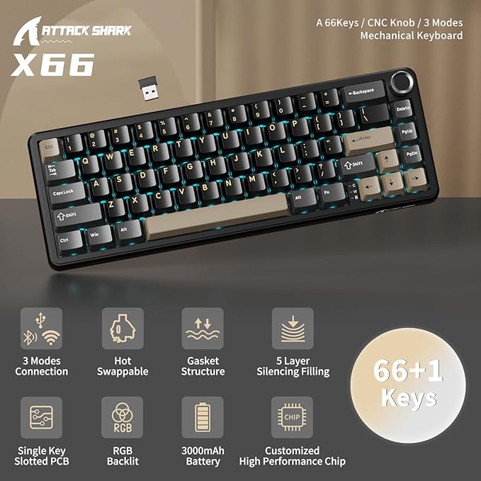 ATTACK SHARK X66 Wireless Mechanical Gaming Keyboard with Knob,Tri Mode USB-C/BT5.0/2.4G Gasket Mounted 60% RGB Gaming Keyboard 66Keys,PBT Keycap, Hot Swappable Custom Strawberry Switch(Star Black)