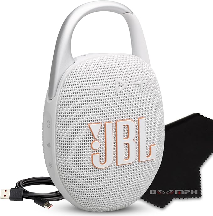 JBL Clip 5 Portable Bluetooth Speaker, IP67 Waterproof & Dustproof, Long-Lasting Battery - White - Boomph's Comprehensive Ultimate Performance Cloth Solution for Your On-The-Go Sound Experience