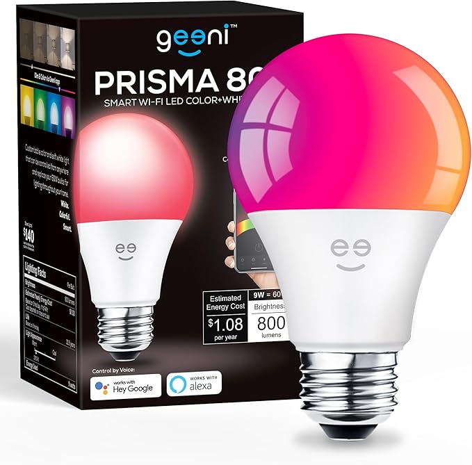 Geeni Prisma Smart Light Bulbs 1-Pack, Color Changing RGBW LED, A19, 800 Lumens, 60W Equivalent, Dimmable, 2700K, Works with Alexa & Google Home