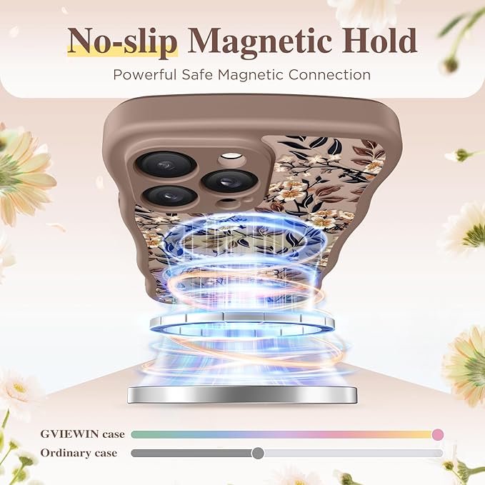 GVIEWIN for iPhone 14 Pro Max Case Compatible with MagSafe [Curly Wave Edge][Full Camera Protection] Floral Translucent Shockproof Magnetic Women Phone Case for 14 Pro Max, Bunchflower/Brown