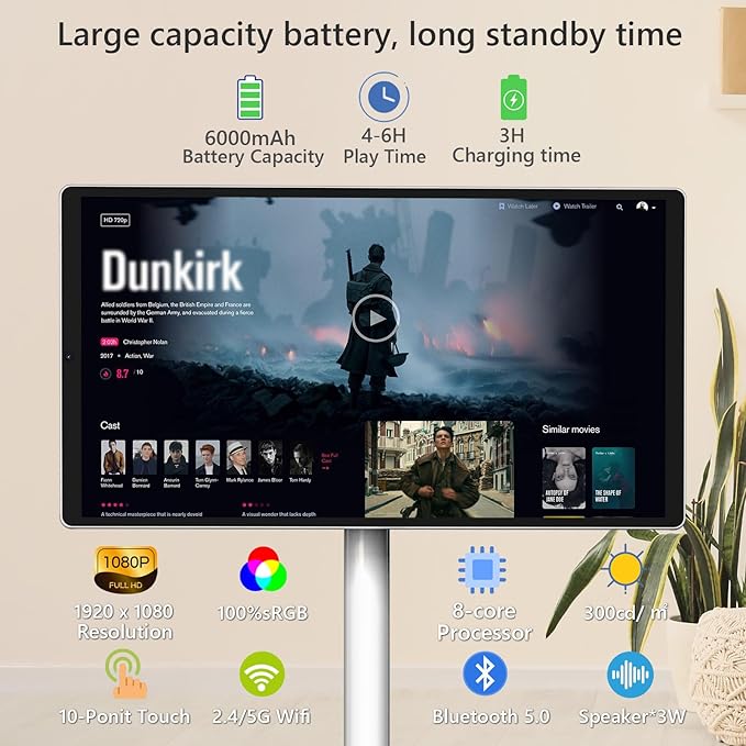 OFD 21.5 Inch 2nd Gen Portable TV on Wheels 1080P,100%sRGB,6+128GB Storage,Android 15 OS Touchscreen RollingTV with 13MP Webcam,Remote Control,Wireless Projection,6000 mAh Battery,EDLA-Certified,White