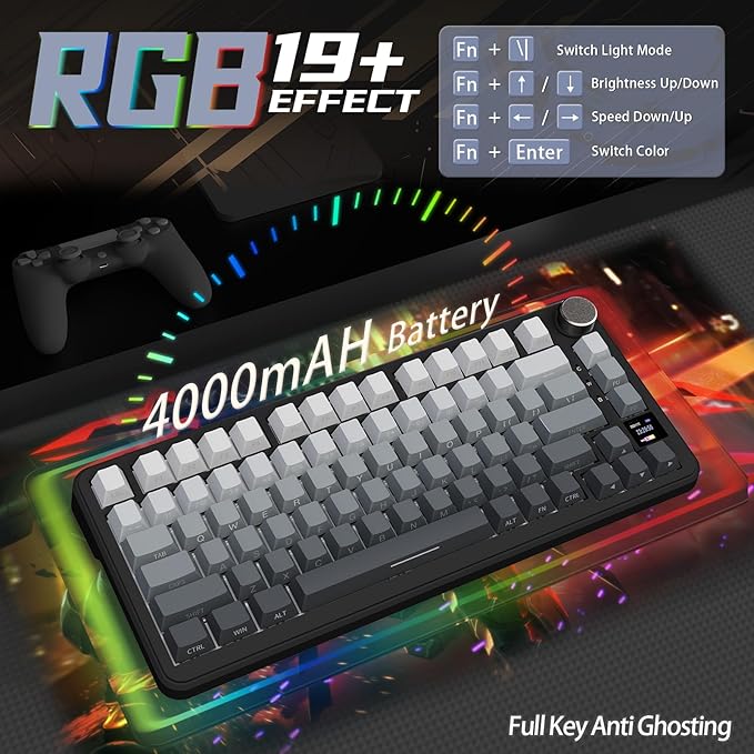 ATTACK SHARK X85 Pro Wireless Mechanical Gaming Keyboard with TFT Screen & Knob Hot-Swappable BT5.1/2.4Ghz/USB-C RGB Backlit Gasket Mount Gradient Side-Print PBT Keycaps for Win/PC/MAC-Moon Night
