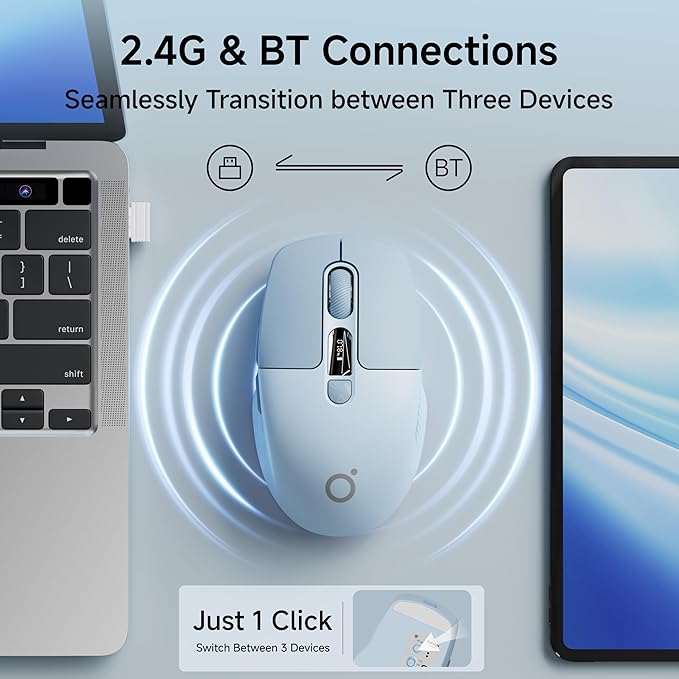 EWEADN Q1 Wireless Bluetooth Mouse, BT & 2.4G Computer Mouse with Battery & DPI LED Screen Display, Type-C Rechargeable with 1600 DPI Levels, 6 Button Silent Ergonomic Mouse for Laptop/PC/Mac-Blue