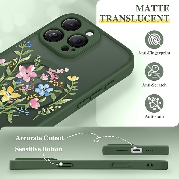 GVIEWIN for iPhone 16 Pro Max Case Compatible with MagSafe, [Military Grade Protection] [Screen Protector] Full Camera Protection Floral Translucent Women Magnetic Phone Case, Bloomcore/Forest Green