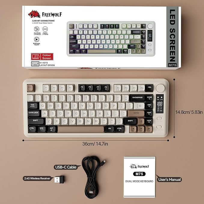 ZIYOU LANG M75 Wireless Gaming Keyboard, RGB Backlit Rechargeable 2000mAh Battery, Small Membrane But Mechanical Feel Keyboard with Smart Display & Knob, PBT Gradient keycaps for PC, MAC - Cheese