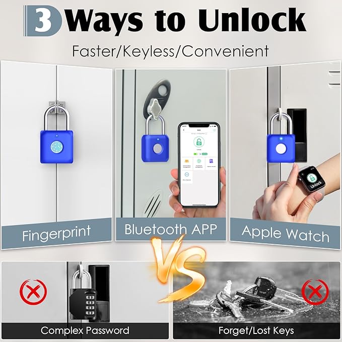 Gym Locker Lock,Smart Fingerprint Padlock with APP Control,Fingerprint Lock USB Rechargeable for Gym Locker,Locker, School,Storage Blue