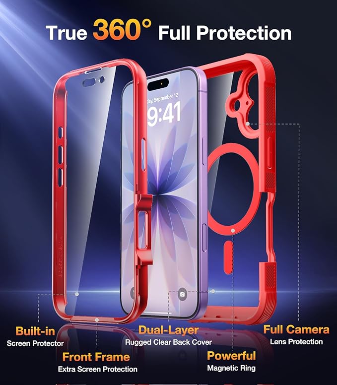 Diaclara Magnetic Designed for iPhone 17 Case 6.3'' Full Body Bumper,[Compatible with MagSafe] Military Drop Proof Phone Case with Built-in Screen Protector,Easy Install,No Gap,Red