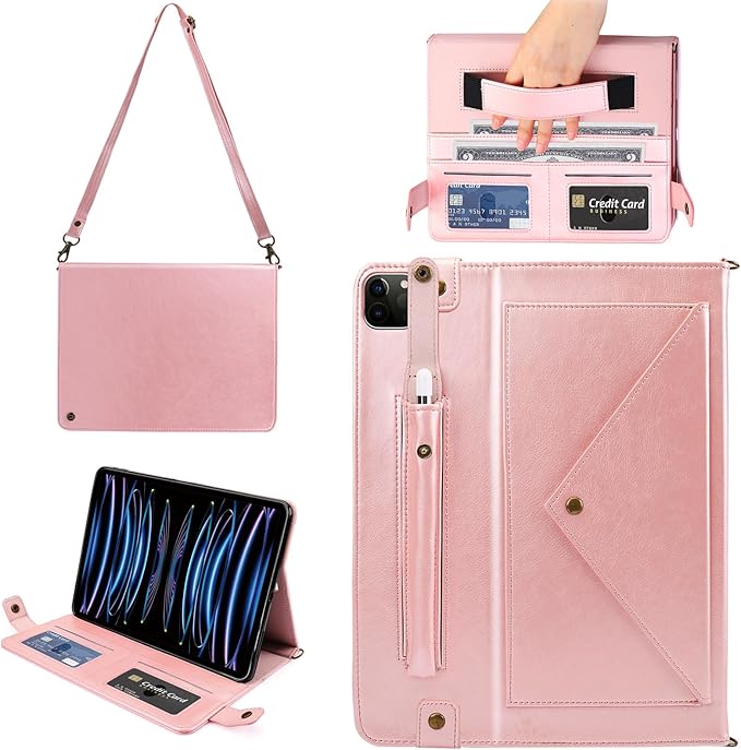 Case for iPad Pro 11 2022/2021/2020, iPad Air 11 2025/2024/2022/2020, Techcircle Smart Folio Stand PU Leather Cover w/Hand Strap/Pencil Holder/Card Slots/Envelope Pocket Wallet Case, Rose Gold