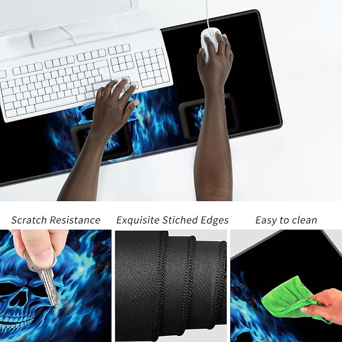 Wrist Elbow Support Arm Rest Desk Mouse Pad Set,Large Mouse Pad + 2 Elbow Rest Pad + Coaster,(31.5×11.8 in) Ergonomic Memory Foam for Office,Gaming,Computer,Laptop-Blue Flame Skull