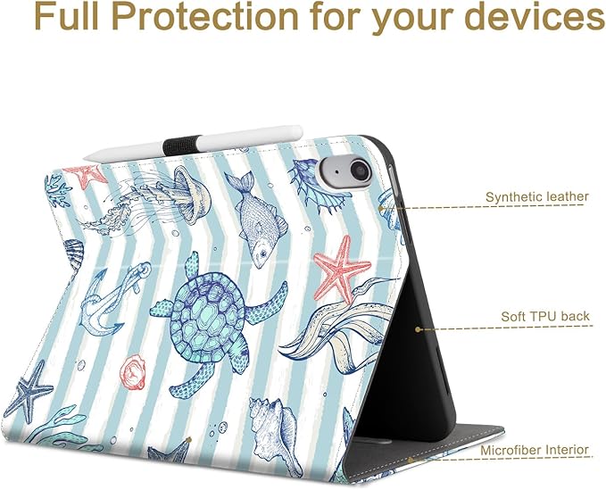 Vimorco Case for iPad (A16) 11th Generation 2025, for iPad 11th/10th Generation Case, Pencil Holder & Hand Strap & Pocket, Multiple Stand Protector PU Leather Cover, Auto Wake/Sleep, Marine Animal