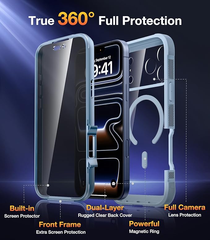 Diaclara Magnetic Designed for iPhone 17 Pro Case 6.3'' [Full Camera Protection] Full Body Bumper,[Compatible with MagSafe] Phone Case w/Built-in Privacy Screen Protector,Blue