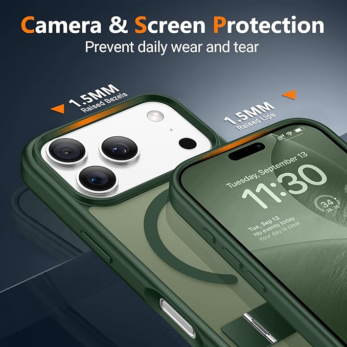 SPIDERCASE Magnetic for iPhone 17 Pro Max Case,with [3 Stand Ways] [Military Grade Drop Protection] with Invisible Stand Shockproof Slim Case for iPhone 17 Pro Max 6.9",Dark Green