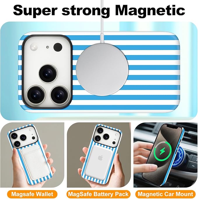 Magnetic for iPhone 17 Pro Case Cute Stripes Phone Case, Shockproof Slim TPU and Hard PC Protective Phone Cover Compatible with MagSafe Designed for Women Girls, Deep Blue