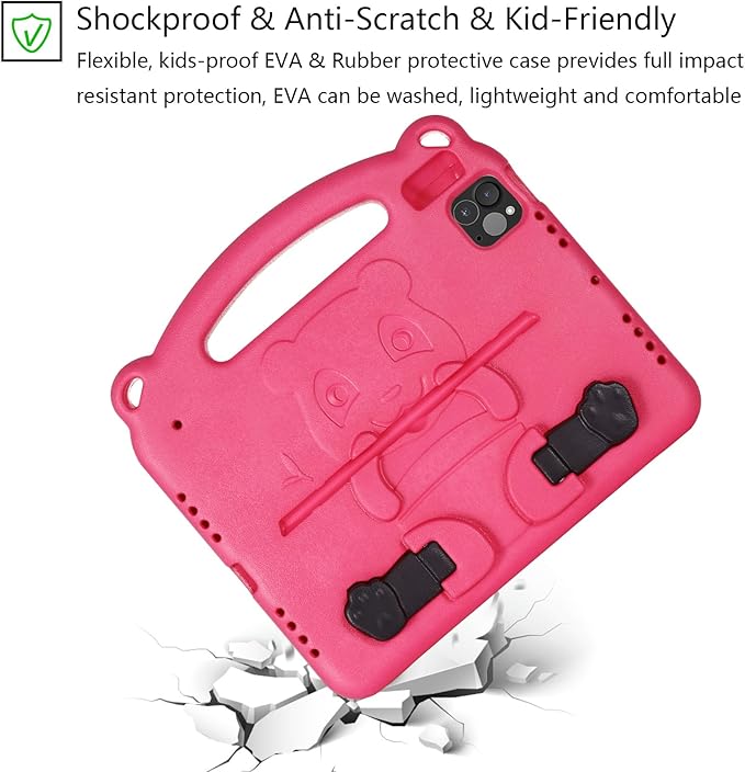 Kids Case for Apple iPad Air 11 inch Tablet (M3 2025/M2 2024), with Kickstand/Handle Slim Lightweight Soft EVA Foam Shockproof Stand Boys Girls Cute Heavy Duty Protection Cover, Rose Panda