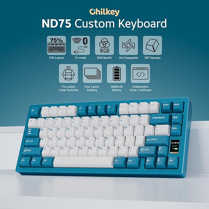Chilkey ND75 Aluminum Keyboard 75% Percent Wireless Gaming Mechanical Keyboard with LCD Screen, Quick Assembly, BT/2.4G/USB-C, Hot Swappable Per-Key RGB Custom Blue Key Board for Laptop Office PC
