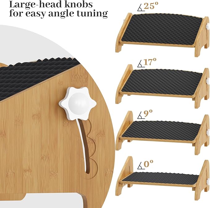 Foot Rest Under Desk, Bamboo Adjustable Footrest with 4 Angles, Ergonomic Foot Stool for Under Desk at Work, Office Non-Slip Desk Foot Rest with Massage Surface, Improves Posture