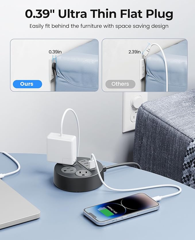 ORICO Multiple Outlets Extension Cord, 7 in 1 Power Strip with 3 AC Outlets 2 USB-A and 2 USB-C Ports, Mountable Outlet Extender, 5 ft Flat Plug Power Strip for Dorm/Office/Home- PSO