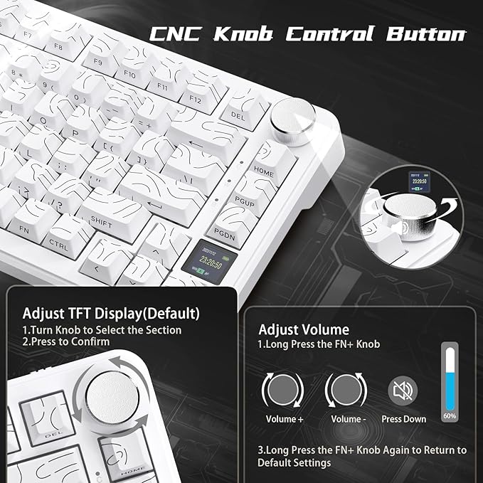 ATTACK SHARK X85Pro Wireless Mechanical Gaming Keyboard with TFT Screen & Knob Hot-Swappable BT5.1/2.4Ghz/USB-C RGB Backlit Gasket Mount Gradient Side-Print PBT Keycaps for Win/PC/MAC-White Contour