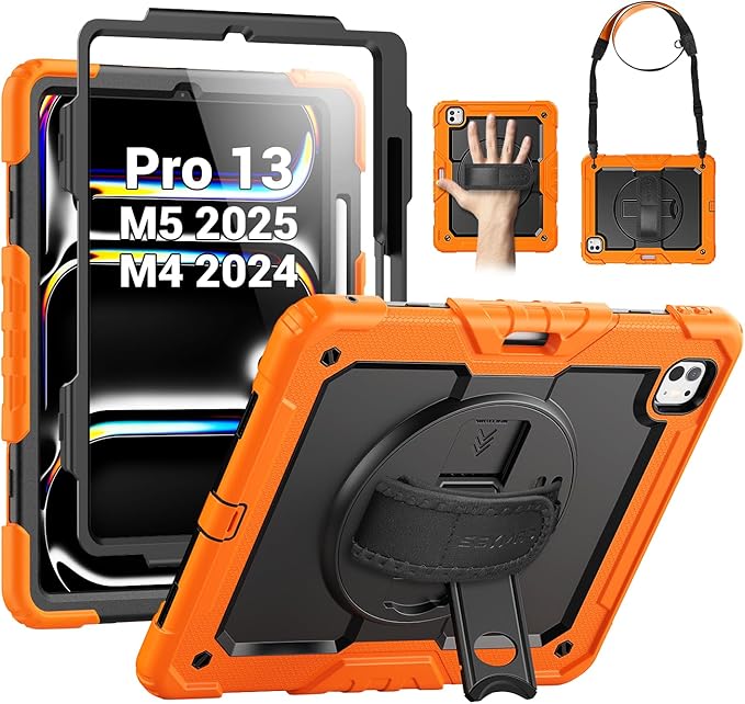 SEYMAC Case for iPad Pro 13 Inch M5 2025 / M4 2024, Heavy Duty Shockproof Protective Case with Screen Protector, 360° Rotating Stand, Hand/Shoulder Strap and Pen Holder, Orange
