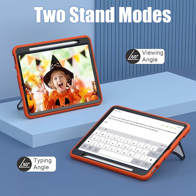AKABEILA Compatible with Apple iPad Pro 11 inch(2018)/Apple Air 4 10.9(2020)/Air 5 10.9(2022)/Air 6 M2 (2024)/Air 7 M3 (2025) Tablet Case，Cover with Kickstand for KidsBoys Babies Orange Black