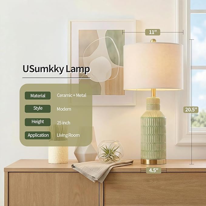 USumkky 25" Green Ceramic Table Lamp - Modern Bedside Nightstand Lamp, Easy Assembly Twist Knob Switch for Bedroom Living Room Home Office Decor (Bulb Not Included)