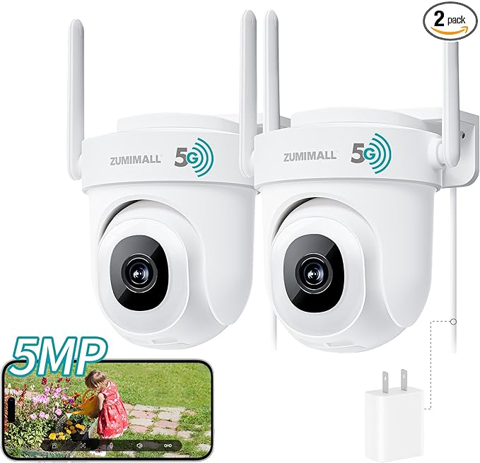 ZUMIMALL 2.5K Wired Cameras for Home Security, 2.4G/5G WiFi Outdoor Security Camera, 5MP, 24/7 Recording, AI Motion Detection, Cloud & SD Card Storage, 2-Way Audio, 360° PTZ Auto Tracking - 2-Pack