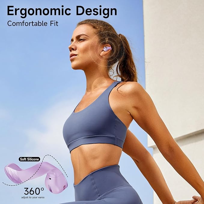 aigo Open Ear Earbuds, Wireless Bluetooth Earphone, Clip on Headphones, Over The Ear Earbuds for Fitness Running Gym Workouts, Built-in Mic, Wireless Charging, Purple Headset