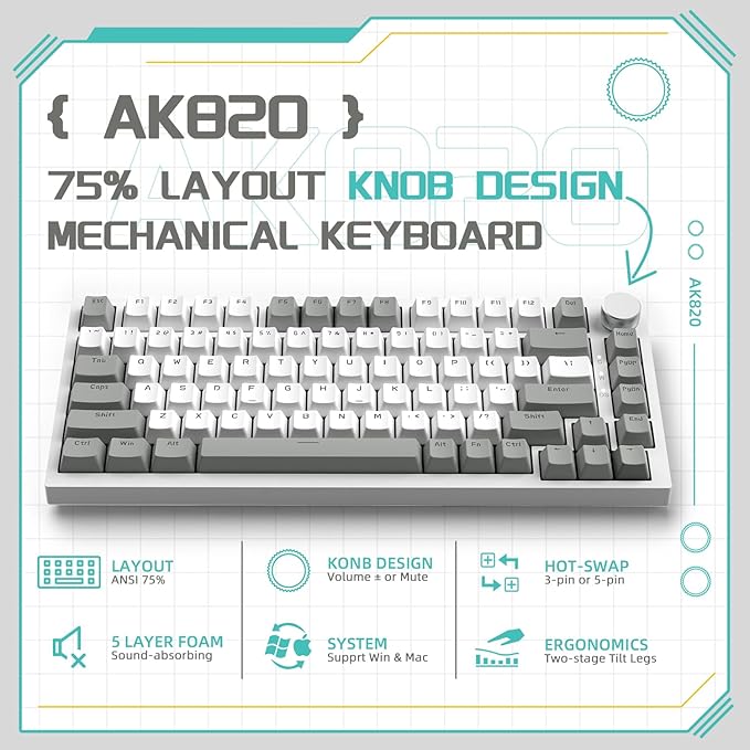 Attack Shark ajazz AK820 75% Mechanical Gaming Keyboard with Knob Hot Swappable Custom Gasket Mounted Keyboard USB-C Wired White LED Linear AS Red Switch for PC/Win/Mac