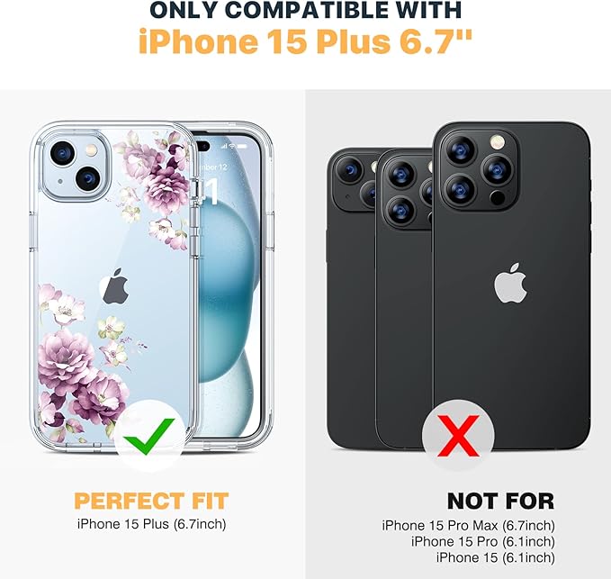 Diaclara Designed for iPhone 15 Plus Phone Case,Full Body Rugged Case with Built-in Screen Protector+9H Tempered Glass Camera Lens Protector (Clear Flower)