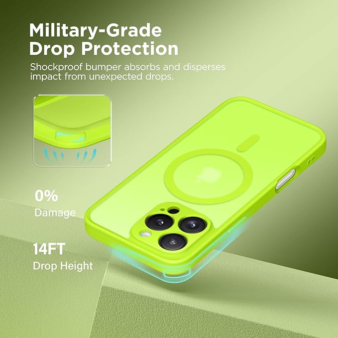 CAPRARO Magnetic Compatible with iPhone 16 Pro Case, Upgraded [Full Camera Protection] [Compatible with MagSafe] Protective Translucent Matte Women Girl Phone Case Cover, Fluorescent Green