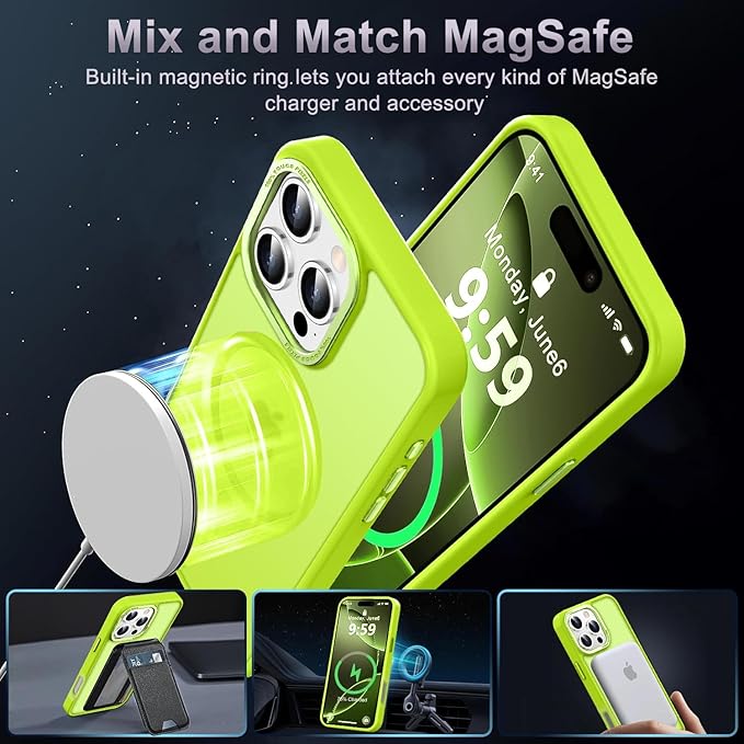 Newfuture Designed for iPhone 16 Pro Max Case with Magnetic [13 FT Military Drop Protection] [Compatible with Magsafe] Translucent Matte Shockproof with Anti-Fingerprint Phone Case, Fluorescent Green