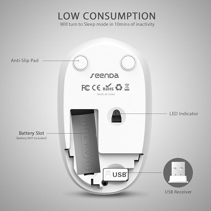 seenda Wireless Mouse for Laptop, 2.4G Noiseless Mouse with USB Receiver - Optical Tracking Portable Computer Mice for Chromebook, PC, Tablet, Windows System, 24 Months Battery Life (White & Silver)
