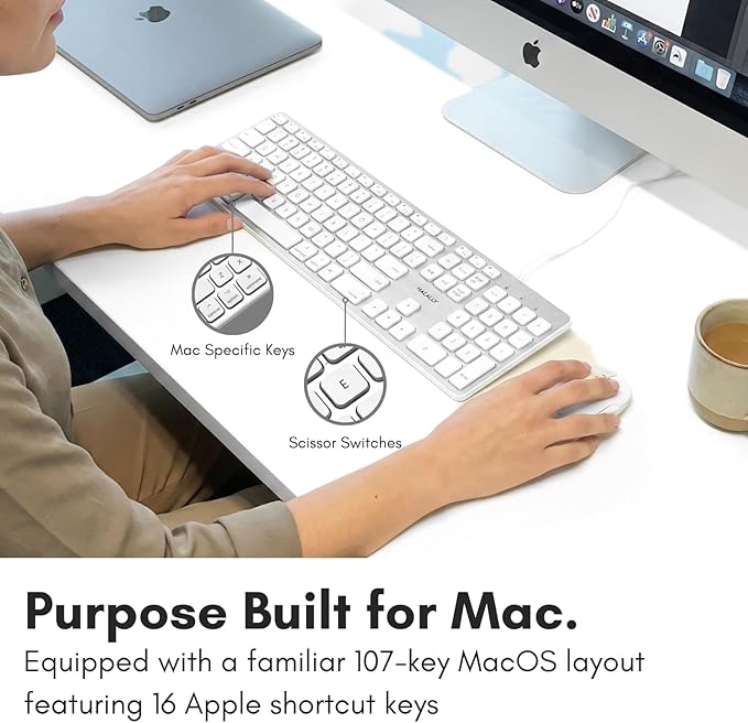 Macally Backlit Wired Keyboard for Mac | Compatible Apple Keyboard with Numeric Keypad | Comfortable All Day Typing, Compatible on MacBook Pro/Air, iMac, Mac mini/Pro - Silver