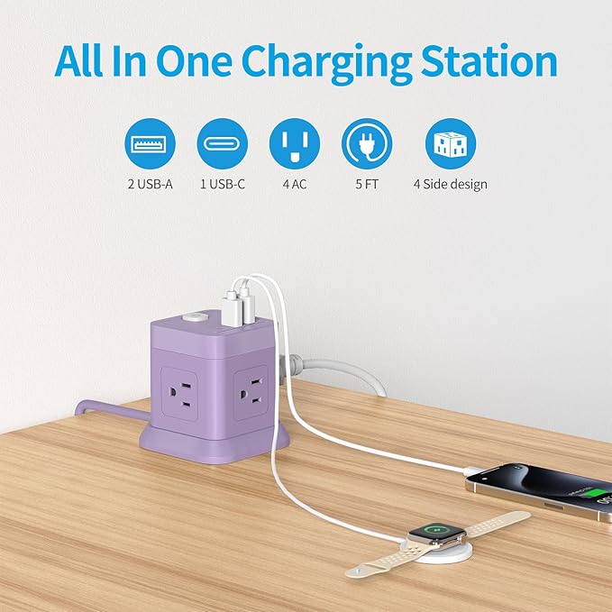 Cube Power Strip, FDTEK 4 Widely Spaced Outlet with 3 USB (1 USB C) Flat Plug Power Strips with Long Extension Cords Space Save Compact Portable for Travel Home Office Cruise (Purple) 5FT