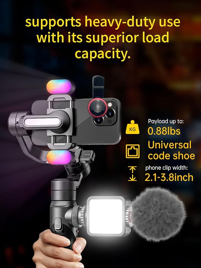 AOCHUAN Gimbal Stabilizer for Smartphone, Phone Gimbal w/8" Extension Rod, Profession 3-Axis Stabilizer w/RGB Magnetic Fill Light for Video Recording, Compatible w/iPhone/Andriod-Smart S2 Kit