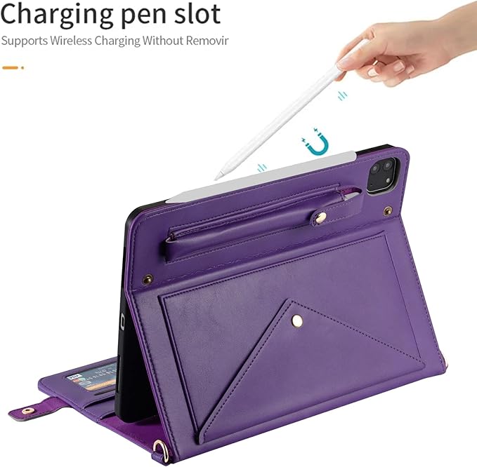 Handbag Case for iPad Pro 11-inch M5 M4 (2025/2024), Techcircle Folio Stand PU Leather Hand Strap Protective Cover, Crossbody Case w/Pencil Holder Card Slots Wallet Case, Purple