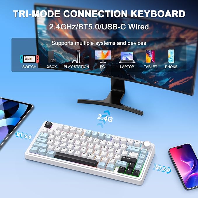 AULA F75 - 75% Wireless Mechanical Keyboard,Hot Swappable Custom Gaming Keyboard with Knob,BT5.0/2.4GHz/USB-C,RGB Backlit,Pre-lubed Reaper Switches,Double Shot PBT Keycaps,Mechanical Gaming Keyboards