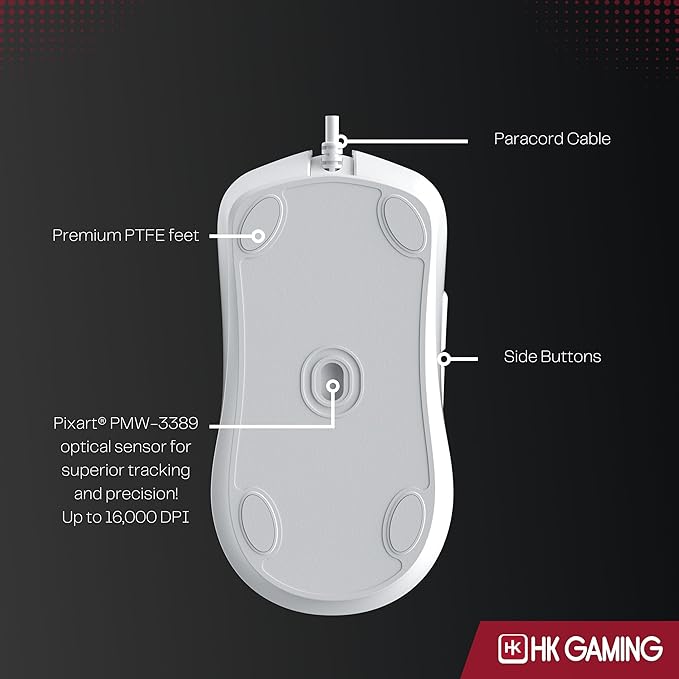 HK GAMING Mira XM1 Ultra Lightweight Gaming Mouse | 58 Grams | max 16000 cpi | 1kHz USB Wired | 6 Buttons | Anti Slip Grips (White)