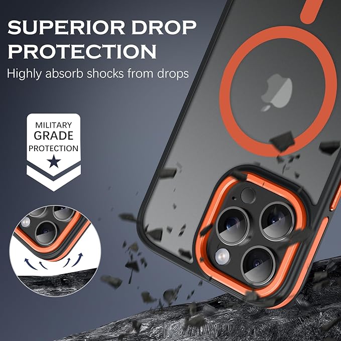 YINLAI Case for iPhone 16 Pro 6.3-Inch, iPhone 16 Pro Phone Case Magnetic [Compatible with Magsafe] Slim Translucent Matte Men Women Girls Shockproof Protective Back Cover, Black/Orange