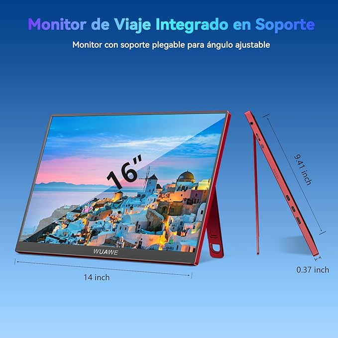 WUAWE 16 inch Portable Laptop Monitor, 100% sRGB Portable Gaming Monitor with Built-in Stand, HDR and Freensync, External USB C Monitor for Laptop, PC, Phone, Switch and PS5(Red)