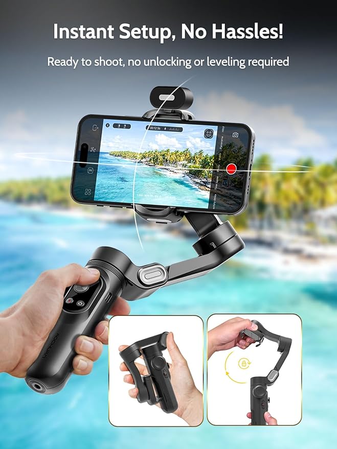 AOCHUAN 3-Axis Gimbal Stabilizer for Smartphone w/RGB Magnetic Fill Light Phone Gimbal for iPhone/Android Foldable iPhone Stabilizer w/Upgraded Face Tracking Vlog Recording-Smart X Pro Kit
