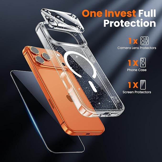 toushion 3 in 1 for iPhone 17 Pro Max Case Clear Glitter,Fits MagSafe, Not Yellowing, Screen Protector*1 Camera Lens Protector*1, Military-Grade Protection for Phone Cover 6.9 inch
