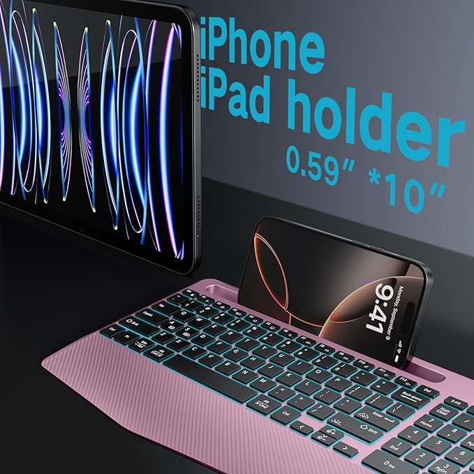 Hamile 2.4G&Bluetooth Wireless Keyboard - Light Up Keyboards with Wrist Rest - 8 Backlit Effects - Slim Rechargeable Silent with Holder for Windows, Mac, Rose Pink