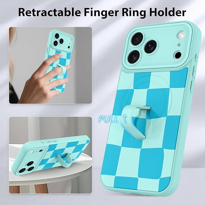 KANGHAR Compatible with iPhone 17 Pro Case, Support for MagSafe, Silicone Checkered Cute Pattern, Wristband Kickstand Camera Protection Soft Slim Cover for Girls Women -Blue