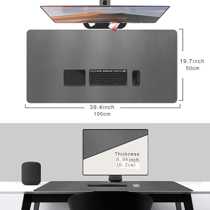 CENNBIE Leather Desk Mat,39.3x19.6 Extra Large Desk Pad Blotter Protector, Extended Non-Slip Mouse Pad, Waterproof PU Leather Desk Mat on top of desks Large for Office and Home (Grey)