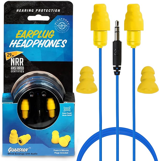 Plugfones Guardian Earplug Headphones - OSHA Approved Noise Isolating in-Ear Earbuds with Hearing Protection - Wired Hybrid for Work and Travel - Includes Silicone and Foam Earplugs - Blue & Yellow