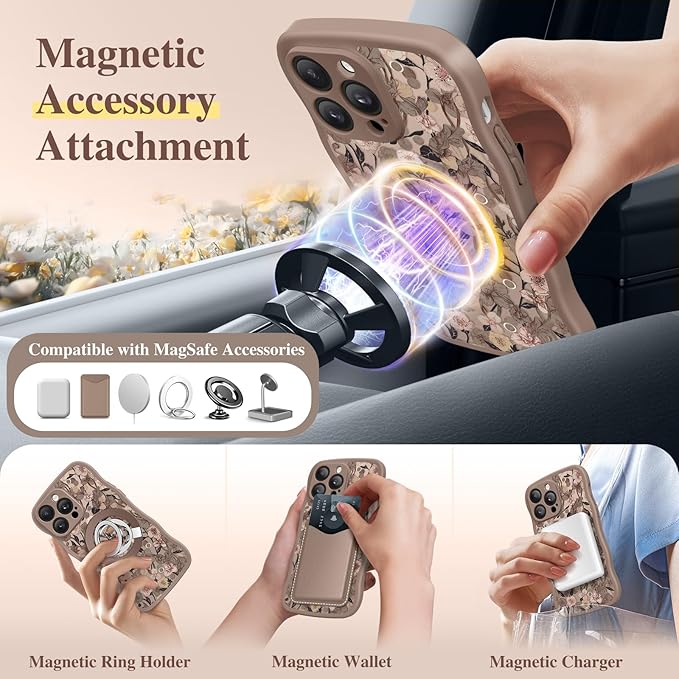 GVIEWIN for iPhone 14 Pro Max Case Compatible with MagSafe [Curly Wave Edge][Full Camera Protection] Floral Translucent Shockproof Magnetic Women Phone Case for 14 Pro Max, Apricot Blossom/Brown